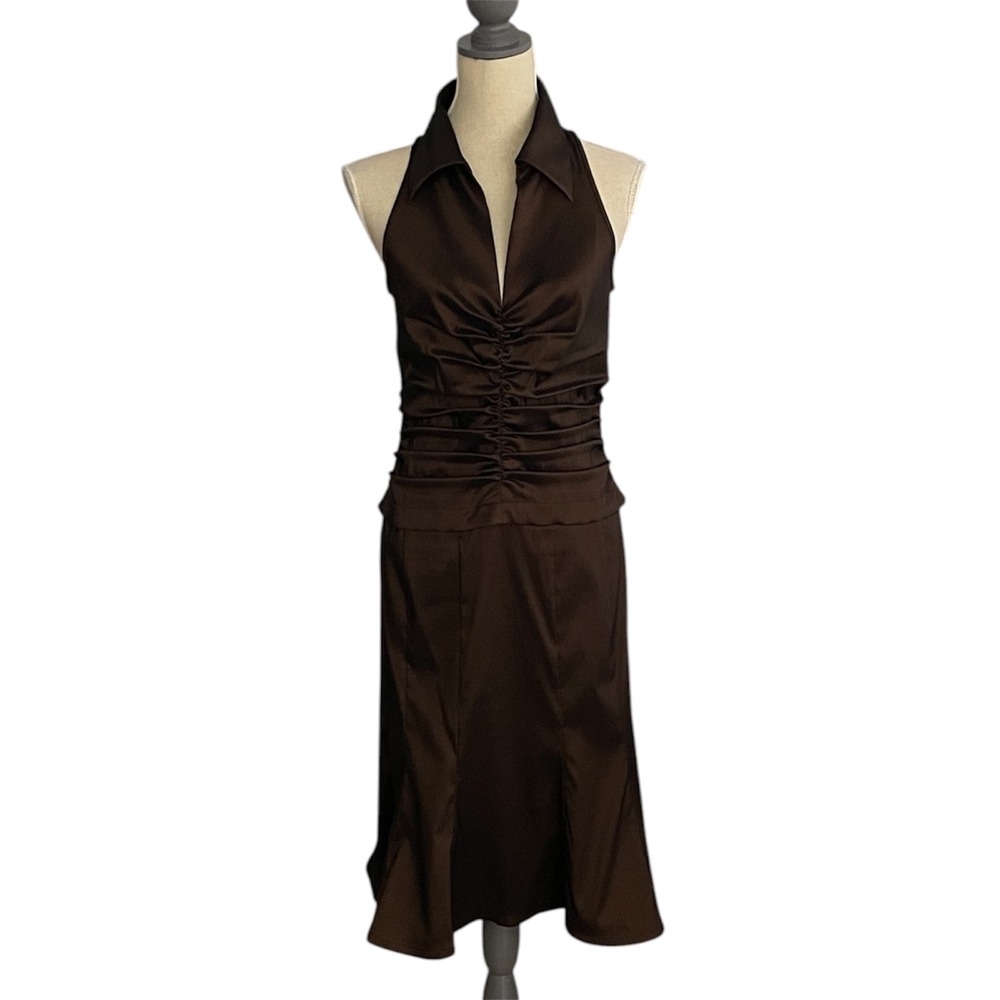 Tadashi Collection Vintage Midi Dress Womens 8 Brown Ruched Halter Collared Prom